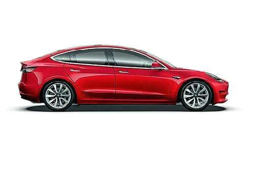 A side profile shot of the Tesla Model 3 in Red