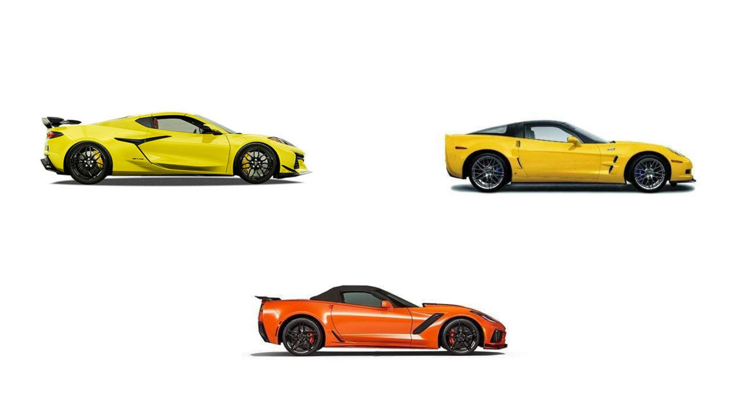 Three generations of corvettes a c8 corvette z06, a c7 zr1 and a C6 zr1