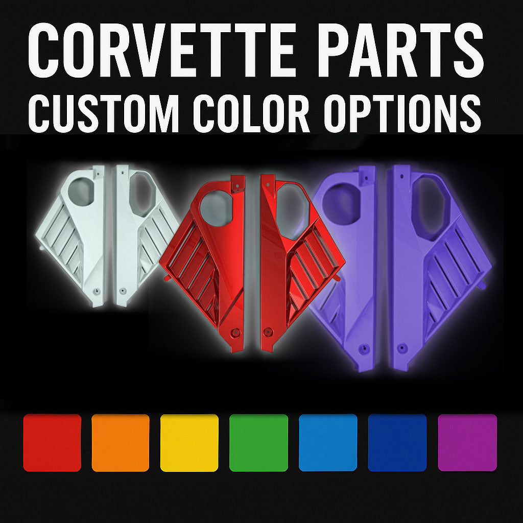 Corvette parts with custom color options displayed on a black background