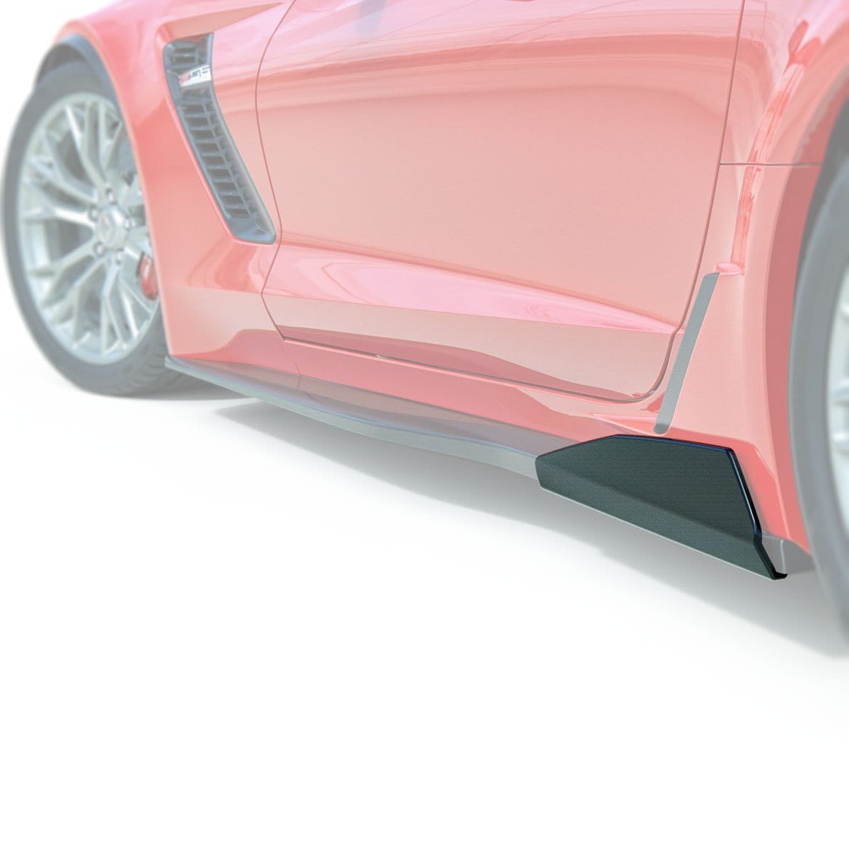 ACS C7 Corvette 5VM Rocker Winglet in Carbon Flash Black (SKU: 45-4-261) attached to Z06 style rockers on a Corvette.