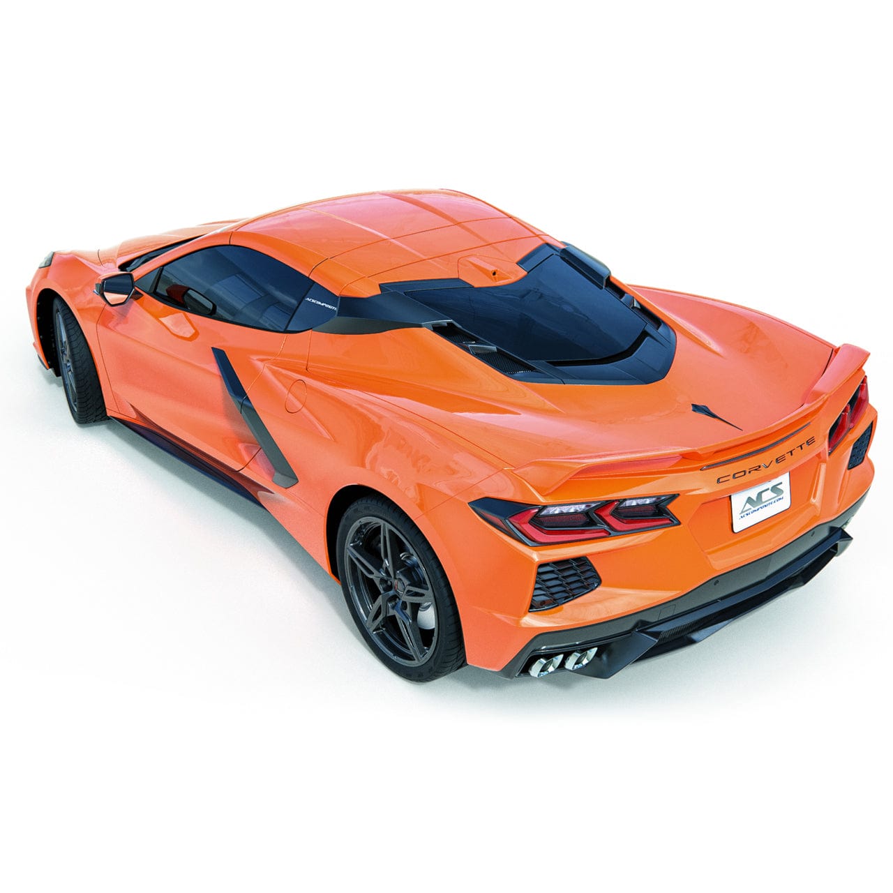 A render of a C8 Corvette Stingray in Sebring Orange with the C8 RQ Intake Ports installed