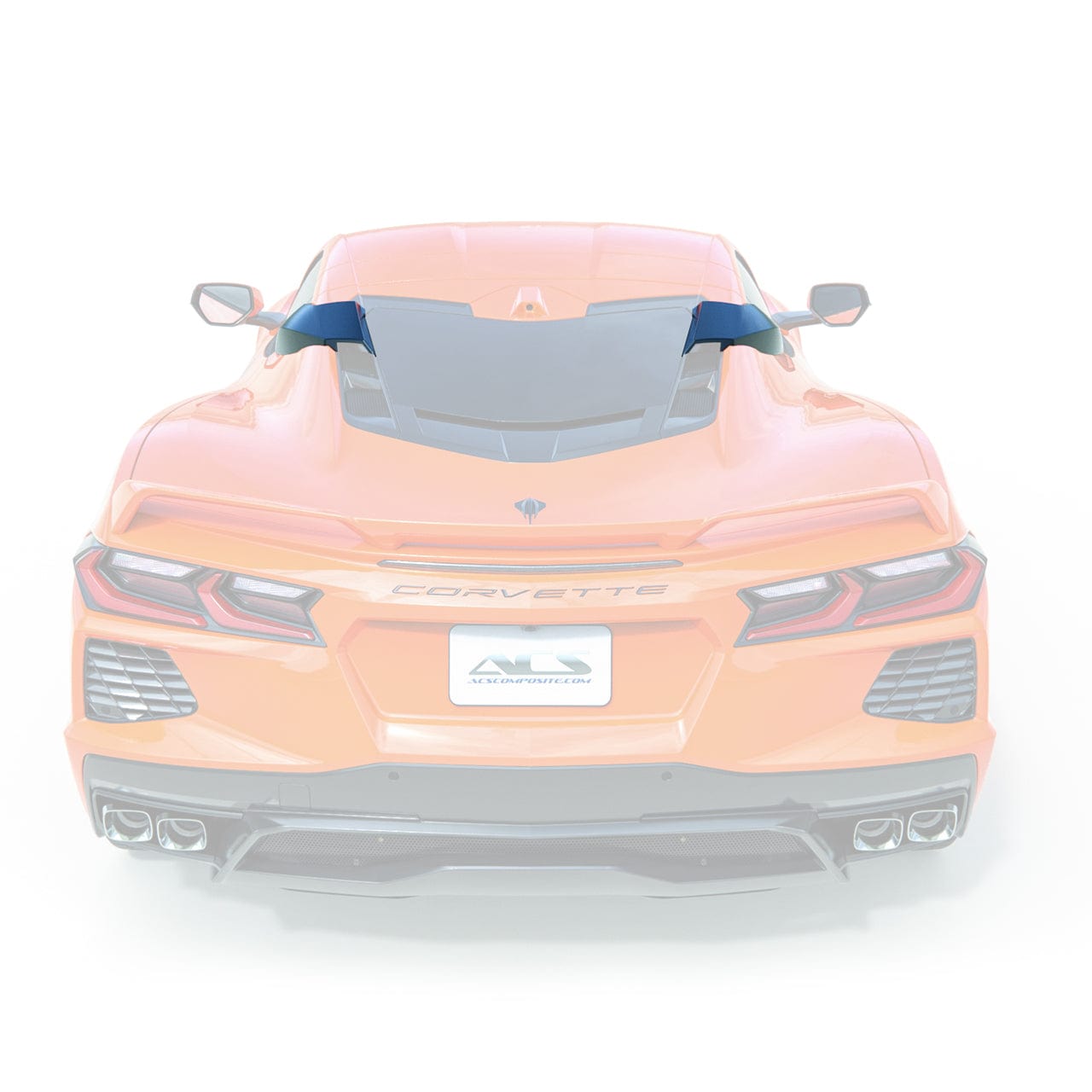 A rear view of the an opaque render with the product highlighted on the vehicle