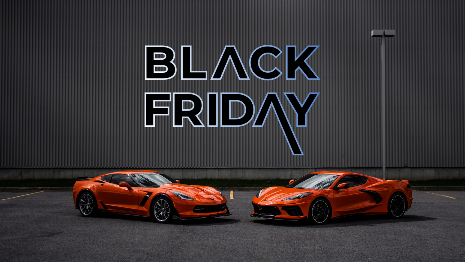 two corvettes with the text black friday on the image