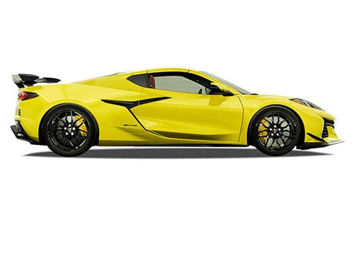 A yellow C8 Corvette Z06 with black wheels