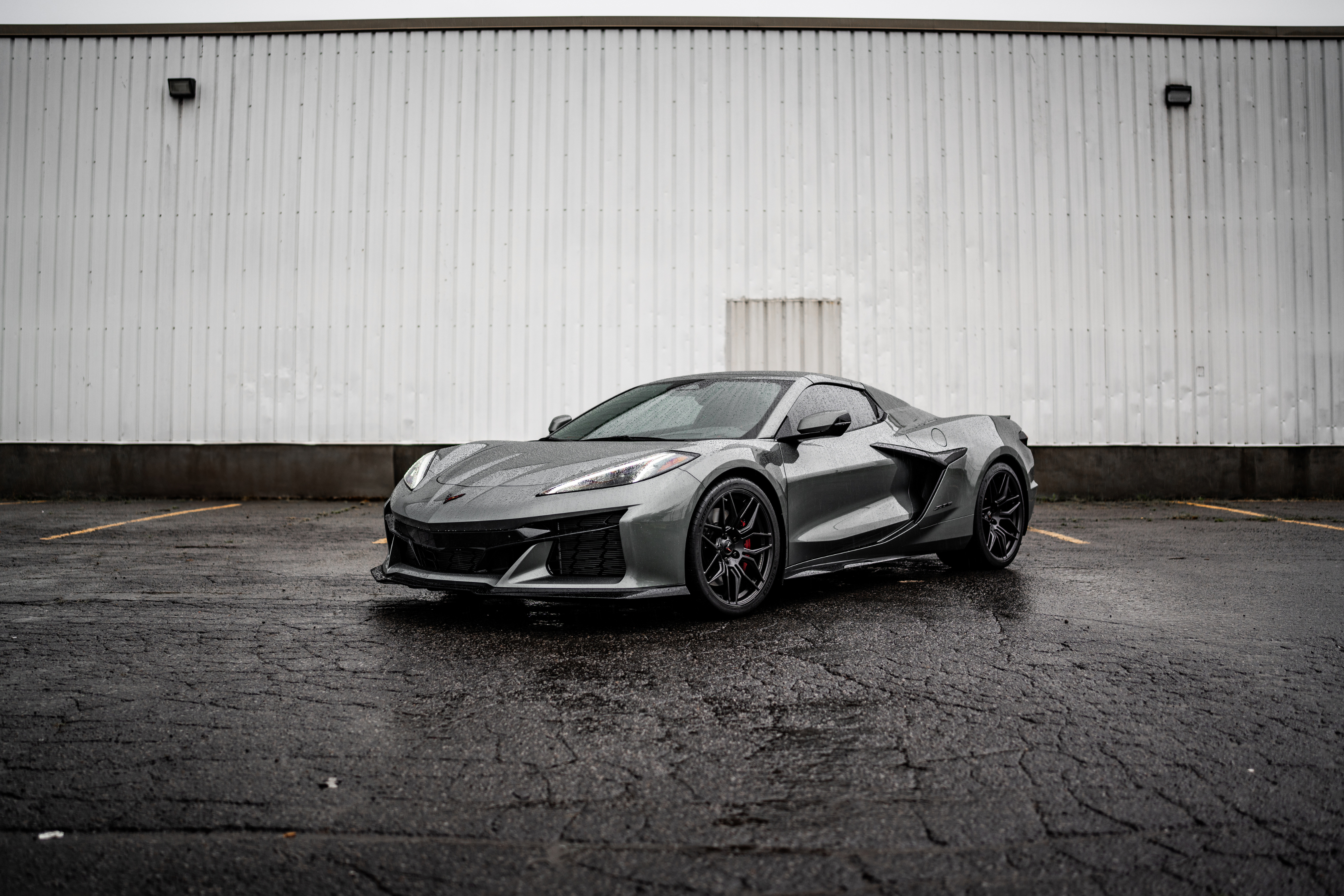 ACS C8 Corvette Z06 in Hypersonic Gray on a rainy day