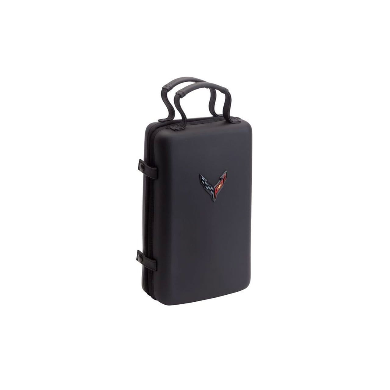 Genuine Chevrolet Collapsible Cargo Organizer for C8 Corvette Stingray Frunk, with Crossed Flags logo, SKU 50-4-077.