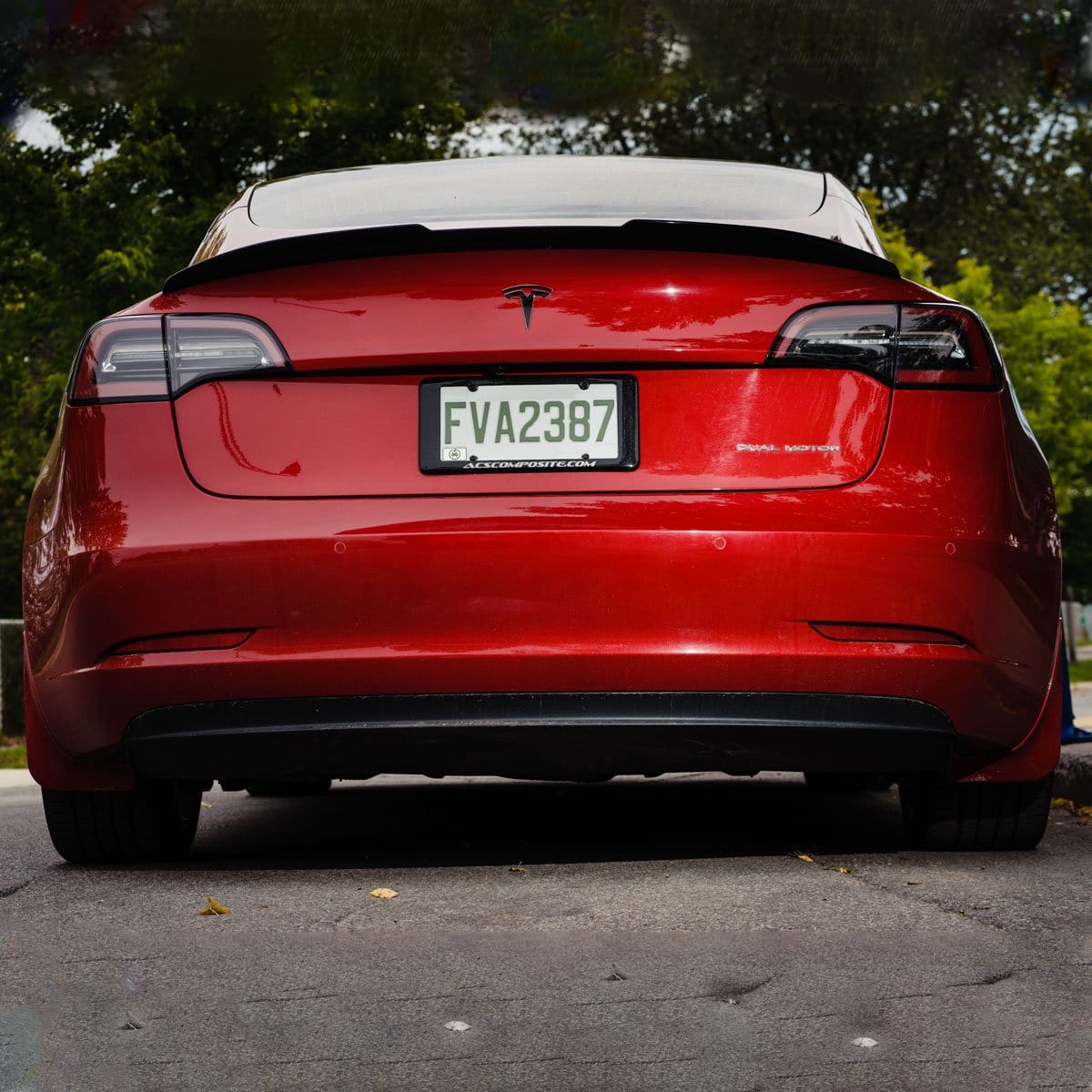ACS Composite M3 Spoiler in Gloss Black for Tesla Model 3, SKU 51-4-001, enhances sporty appearance with downforce wickers and easy installation.