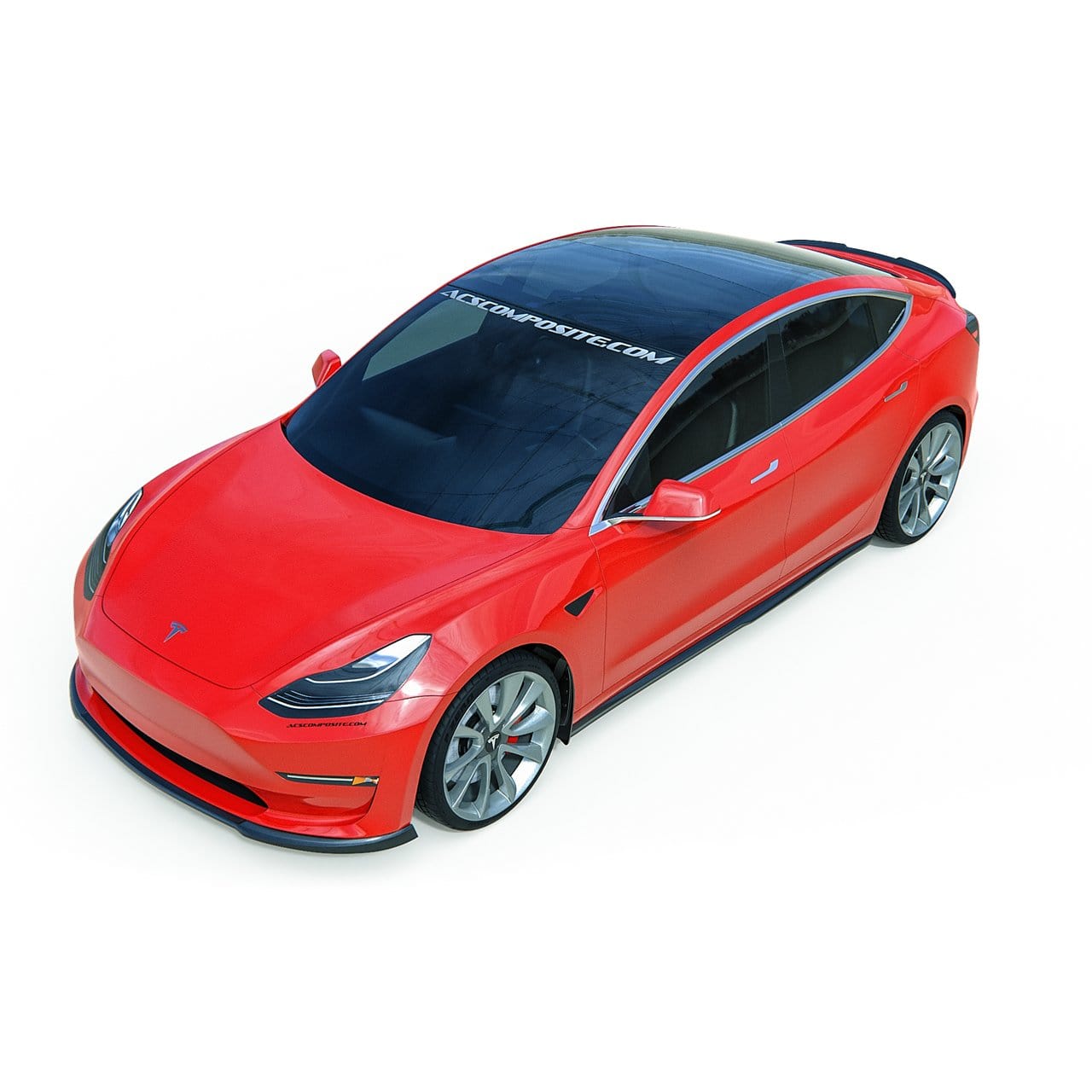 ACS Composite Tesla Model 3 Splitter in Gloss Black (SKU: [51-4-003]GBA) mounted on a Model 3 front end for improved aerodynamics and sporty personality.