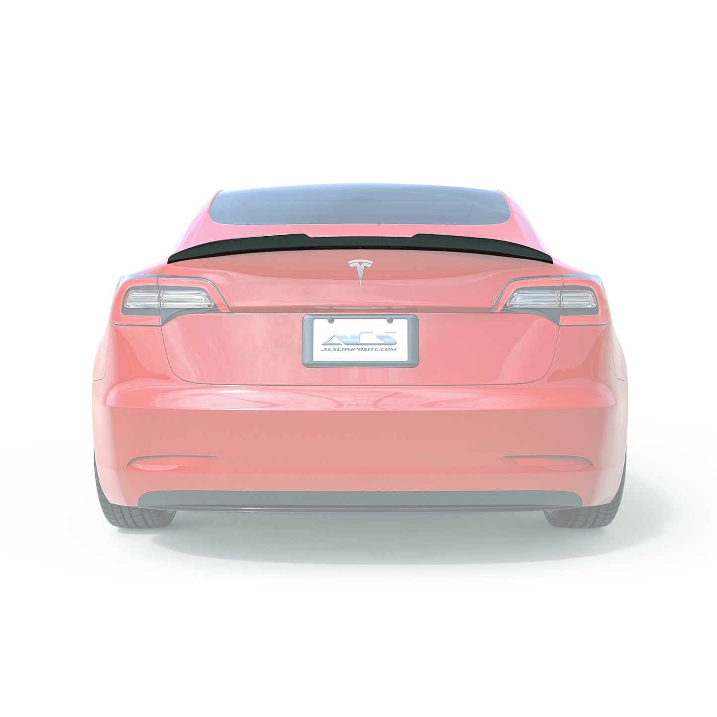 ACS Composite Tesla Model 3 Spoiler in Gloss Black finish, SKU 51-4-001, adds sporty look to the low profile duckbill shape of the trunk.