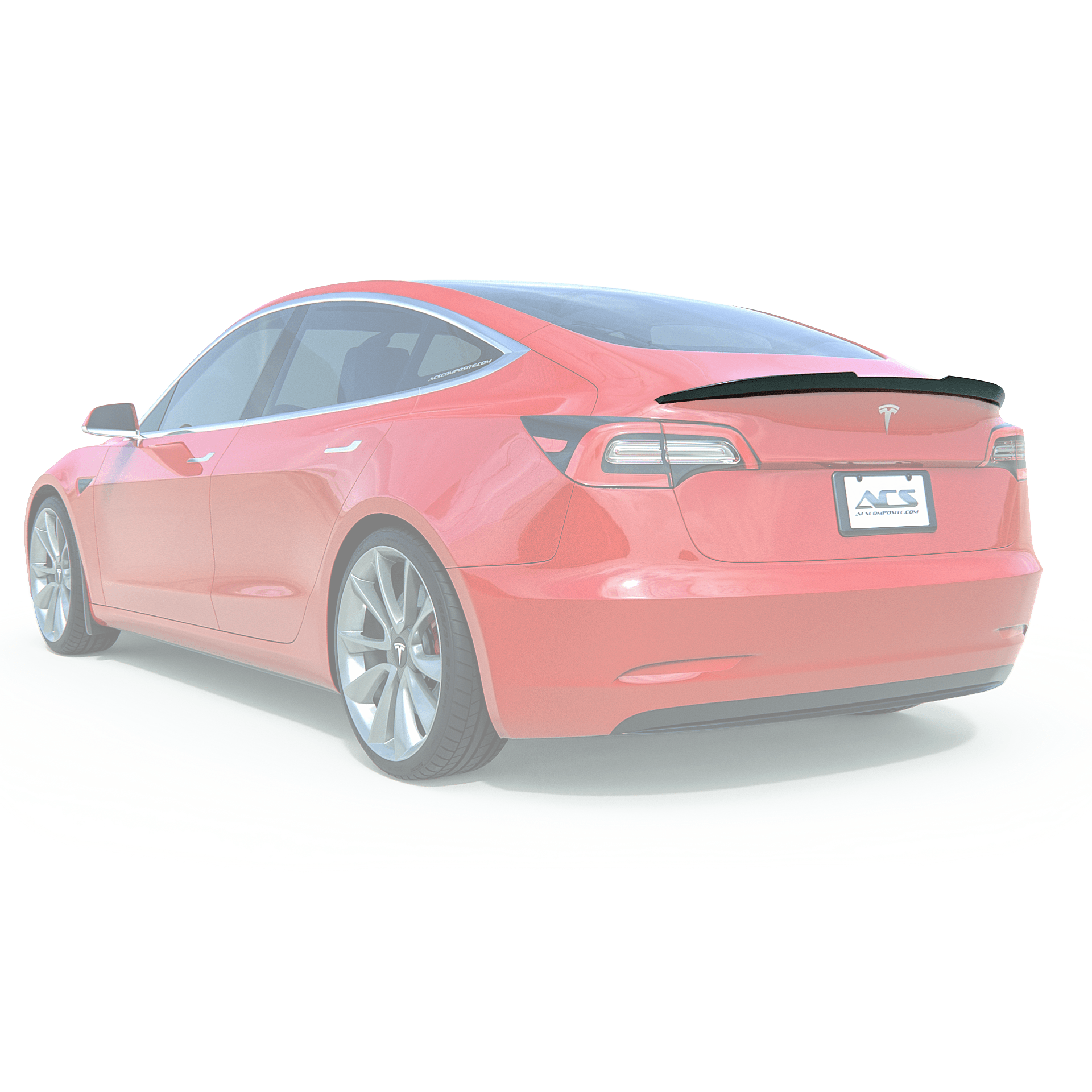 ACS Composite Tesla Model 3 Spoiler in Gloss Black finish, SKU 51-4-001, adds sporty look with downforce wickers, easy installation with pre-applied adhesive and templates.