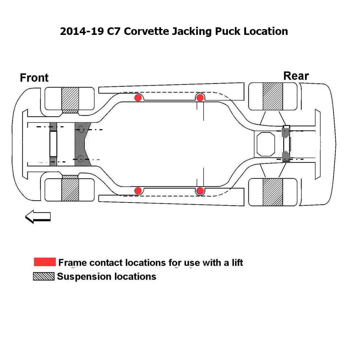 ACS Composite Corvette Jacking Pucks for C5-C8 Corvettes, SKU 45-4-195, installed on underside of car for safe lifting.