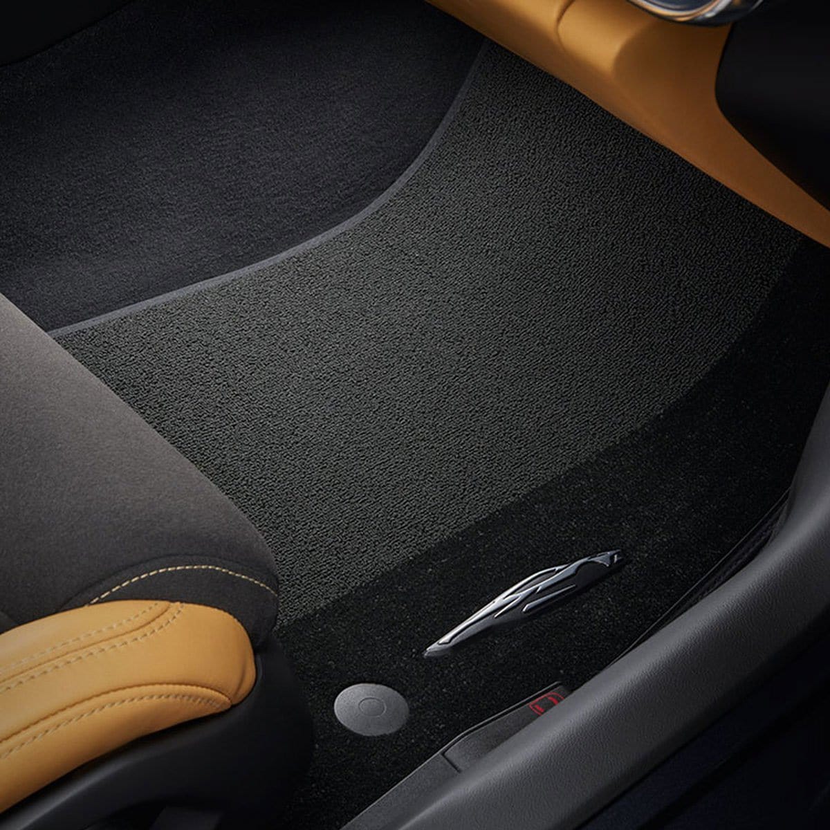 Black C8 Carpeted Floor Mats with Corvette Silhouette, SKU 50-4-029, protecting car's interior from debris and wear and tear.