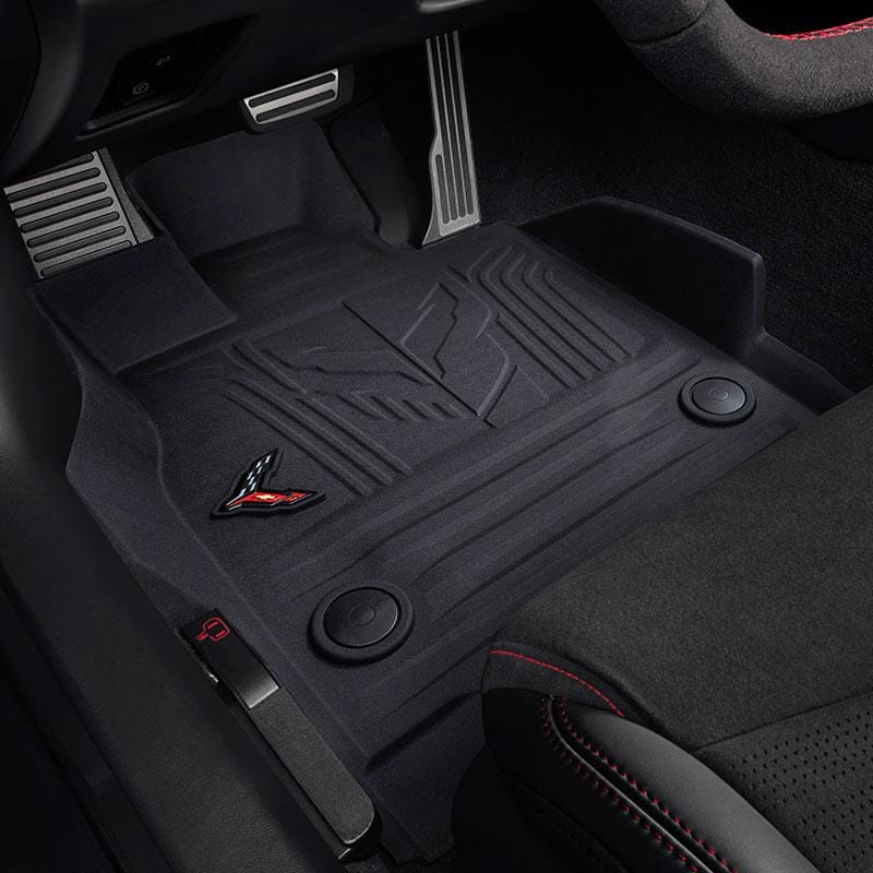 C8 All Weather Jake Floor Mats with Crossed Flag and Jake logo, Jet Black rubber mats with push-and-click anchoring system. SKU: 50-4-049|50-4-053|016-705.