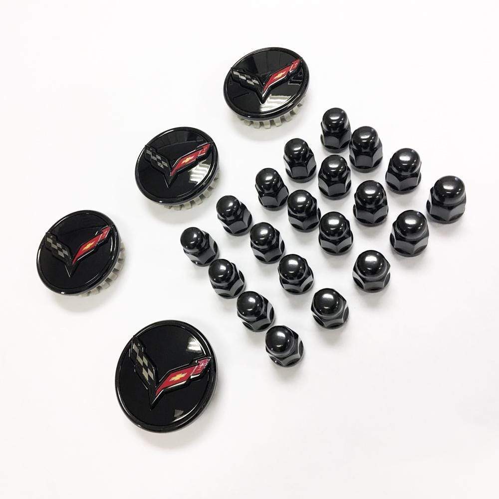 Black Wheel Center Caps and Lug Nuts for C7 Corvette | Carbon Flash Black Trim Ring | ACS Composite | SKU 45-4-175 45-4-176