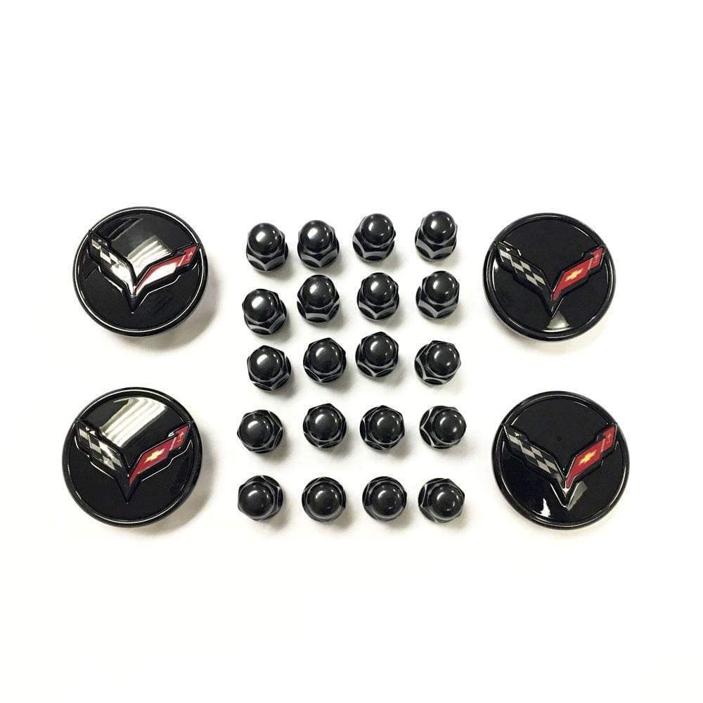 ACS Composite Black Wheel Center Caps and Lug Nuts for C7 Corvette | Carbon Flash Black | SKU 45-4-175 45-4-176