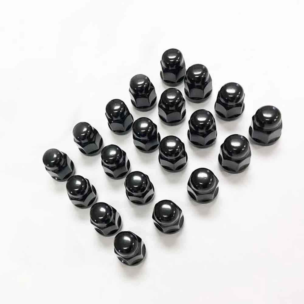 C7 Corvette Gloss Black Wheel Lug Nut Set for all four wheels, matches OEM specs. Optional installation tool and center caps available. SKU [45-4-176|45-4-175].