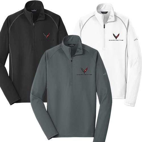 C8 Corvette Eddie Bauer Jacket in black, gray, or red - SKU 684-MB - versatile and comfortable fleece jacket with reverse coil zippers and Eddie Bauer logo on right hem.