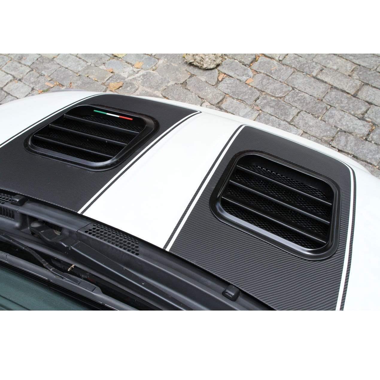 ACS Composite Dual Extractor Hood Port System for Fiat 500, SKU 40-4-036: Hood with dual extractors for enhanced cooling and performance.