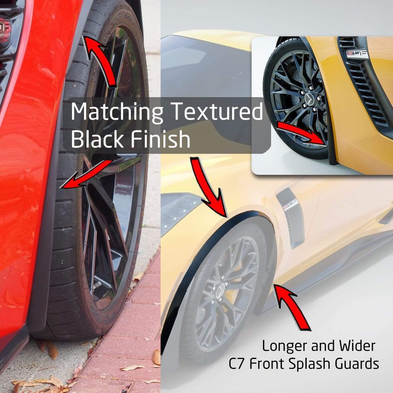 ACS Composite Enhanced Front Splash Guards for Corvette C7, Textured Black, SKU 45-4-063, providing superior protection against paint chipping and erosion.