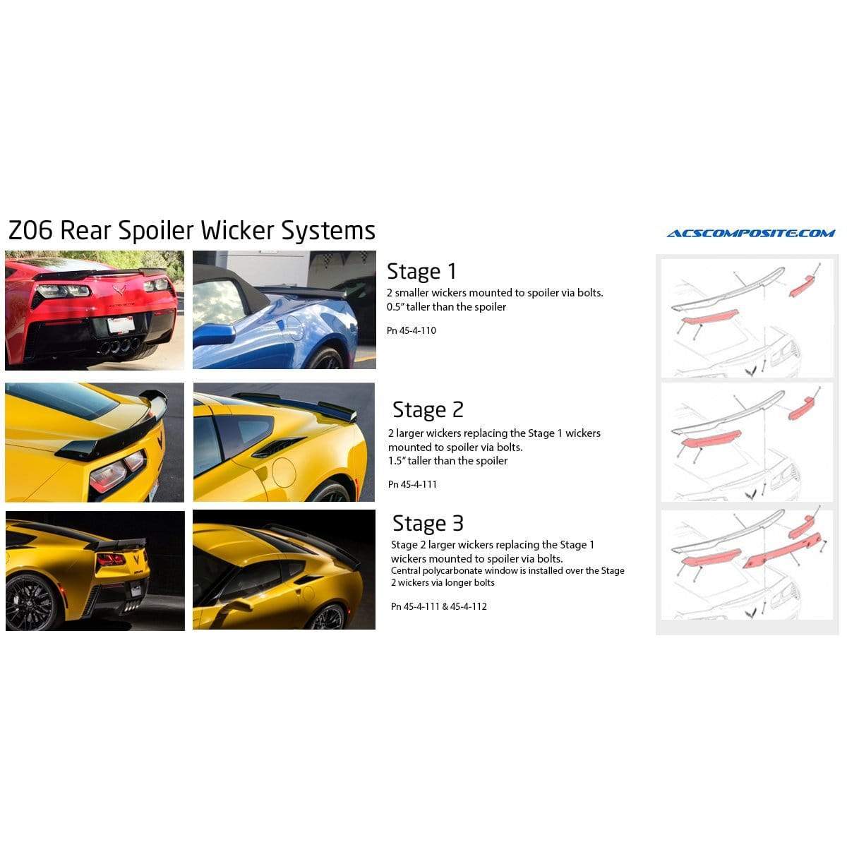 ACS Composite Stage 2.5 Wicker Spoiler Conversion Kit for C7 Corvette Z06 & Grand Sport, Carbon Flash Black, SKU 45-4-116.