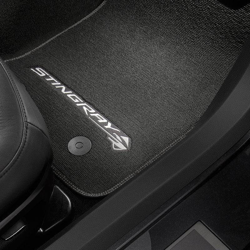 Jet Black Premium Carpet Floor Mats with Stingray Logo and Gray Stitching for C7 Corvette Stingray (SKU: 45-4-229)