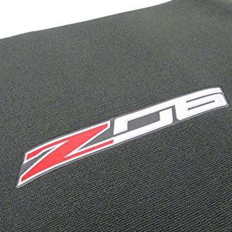Premium carpeted Z06 Trunk Mats with embroidered logo, SKU 45-4-228, protect cargo area of C7 Corvette Z06 coupe.
