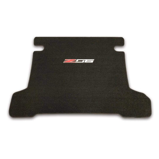 Premium carpeted Z06 Trunk Mats with embroidered Z06 logo, SKU 45-4-228, protect cargo area of C7 Corvette Z06.