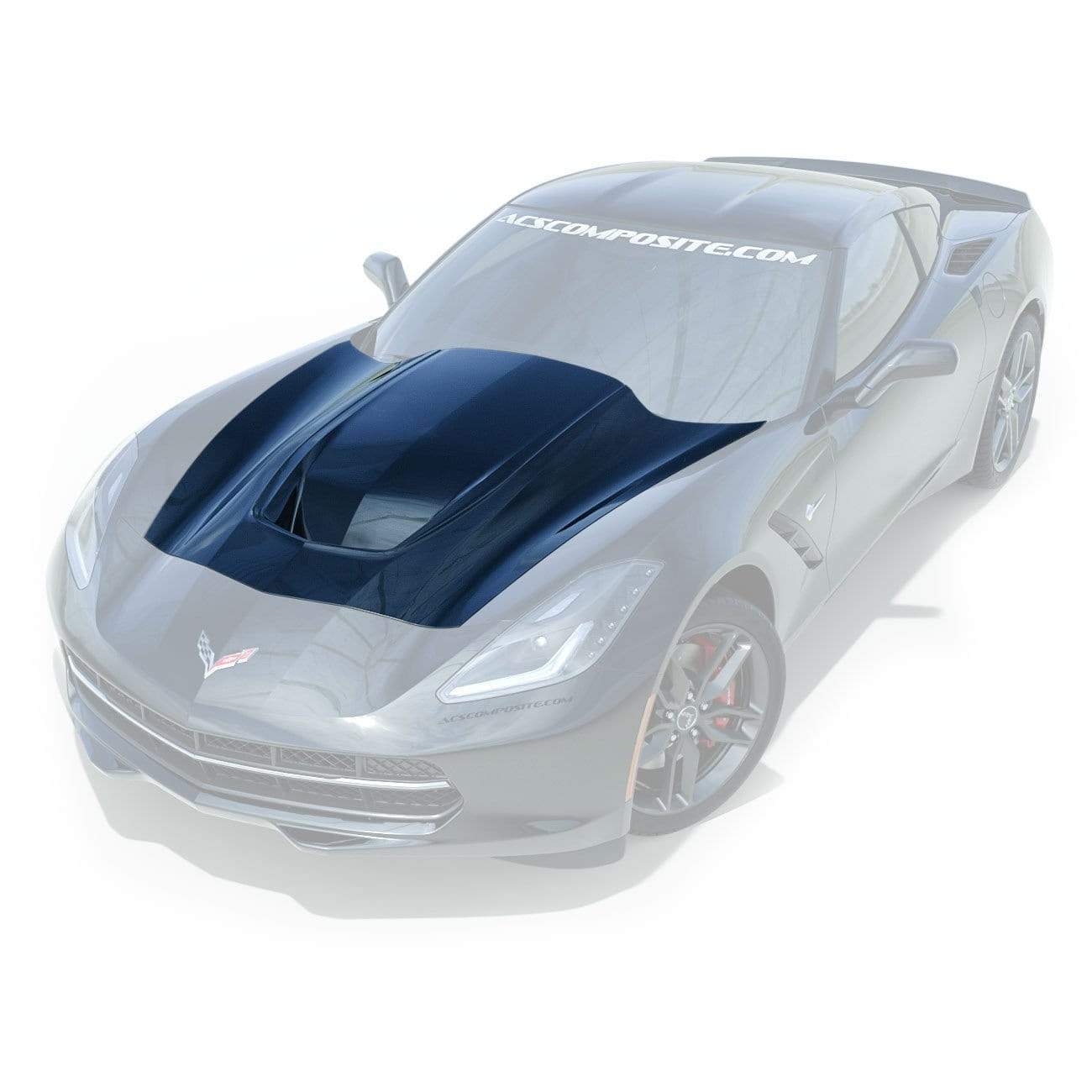 ACS Composite Zero7 Extractor FRP Hood for C7 Corvette (45-4-009) - Black mesh grill insert, taller cowl, and optional polycarbonate window.