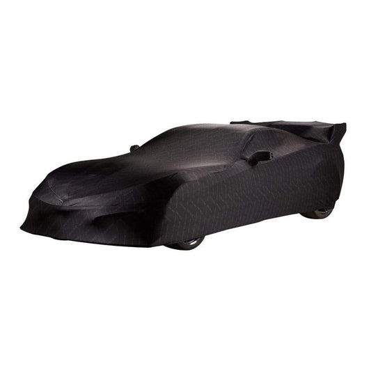 Indoor car cover for C7 Corvette ZR1 with ZTK wing, lightweight and moisture-resistant material, embossed with ZR1 logo, includes storage bag [45-4-249].